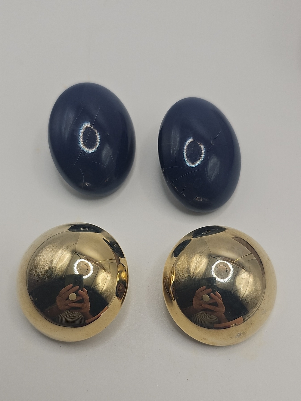 Navy Blue & Gold Dome Knob Clip Esrings. Large Chunky. 2 Pair